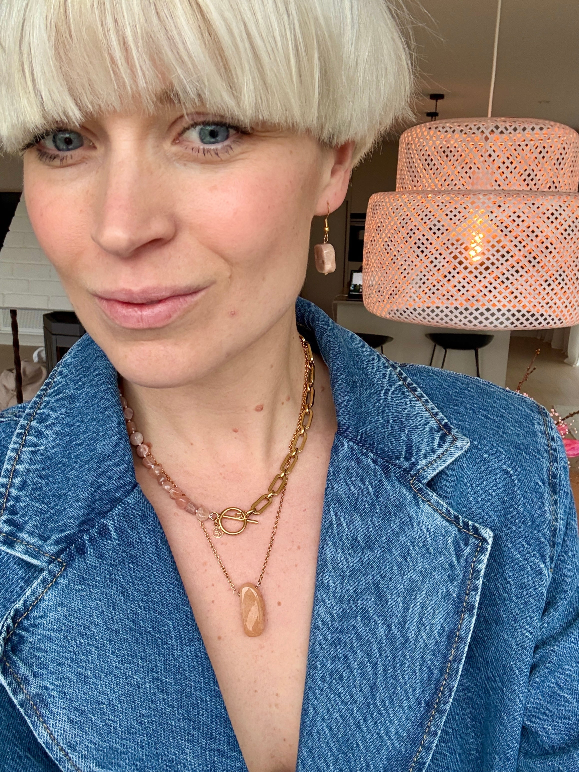 Chunky Gem Chain Necklace Peach