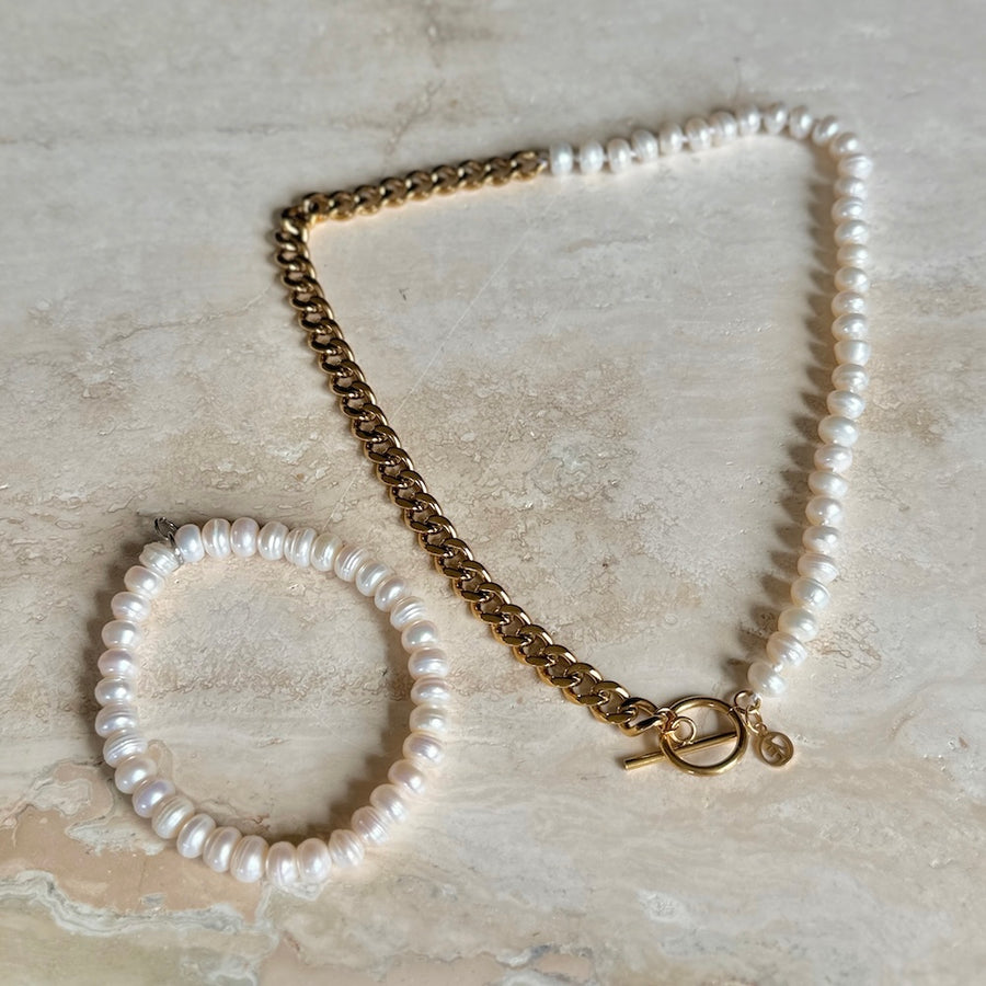 Chunky Pearl Chain Halsband Guld