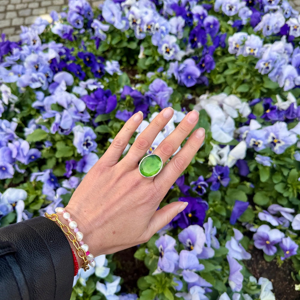 Thea Big Ring Silver Äppelgrön