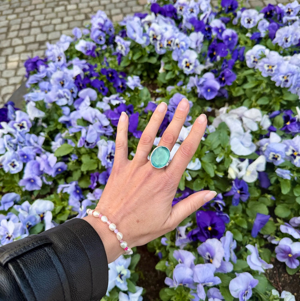 Thea Big Ring Silver Ljusblå