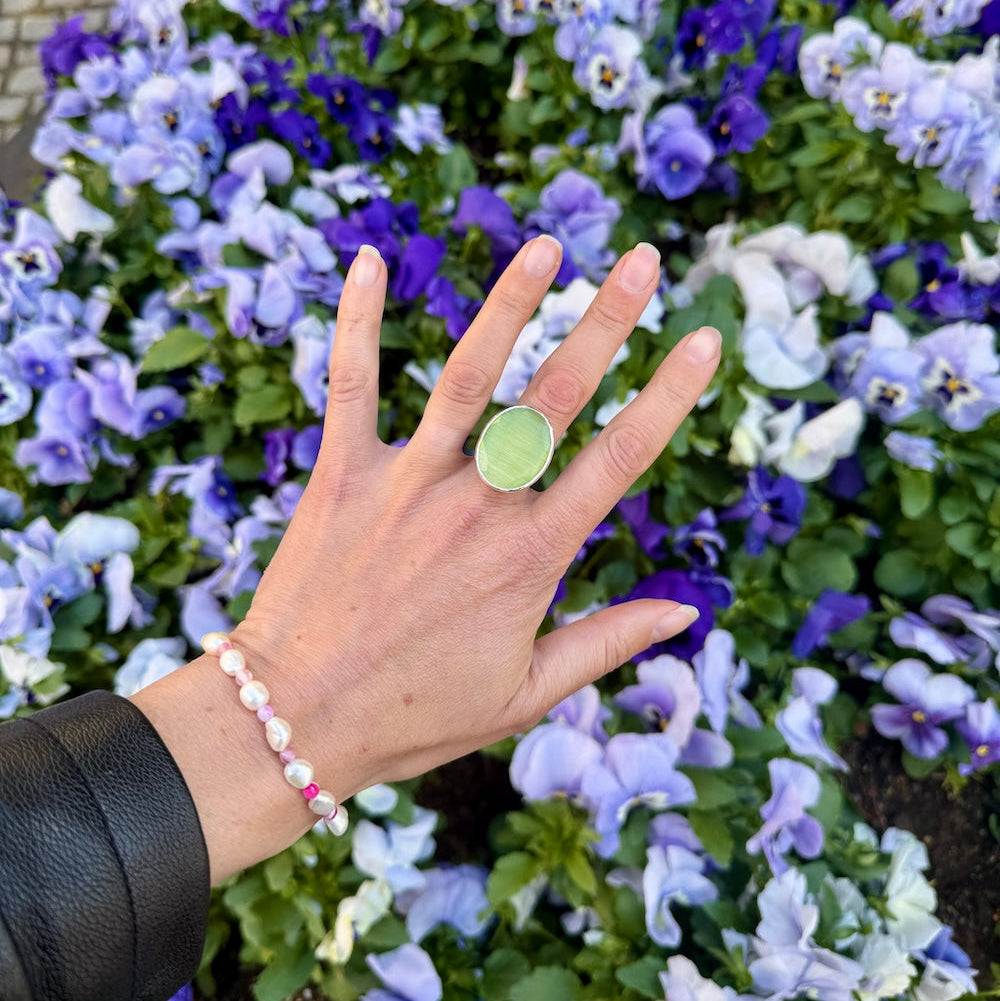 Thea Big Ring Silver Ljusgrön